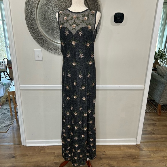 Anthropologie  BHLDN black shimmer sleeveless maxi with pink flowers - size 14 - Picture 5 of 12